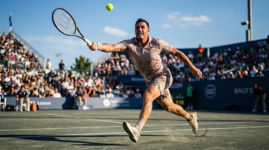 Tenista masculino en el momento del saque con el brazo extendido y la pelota en el aire sobre una pista dura