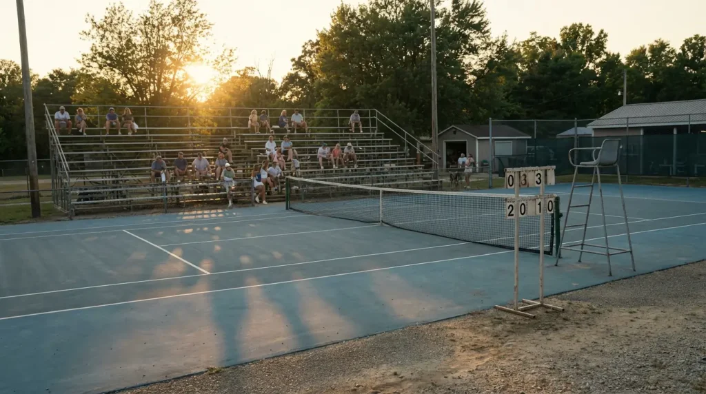Pista de tenis de un torneo Challenger con gradas pequeñas y pocos espectadores al atardecer