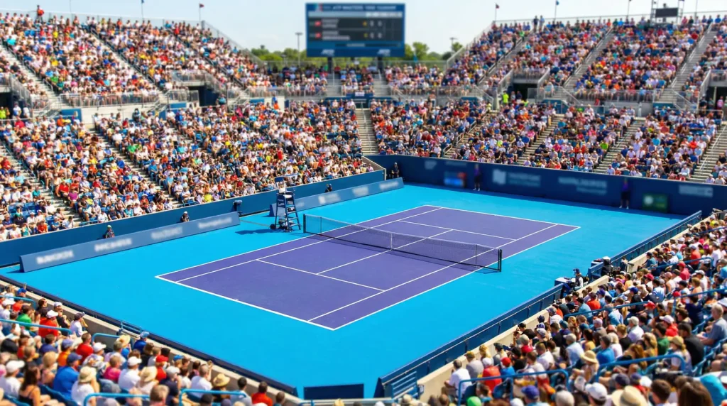 Pista de tenis de un torneo Masters 1000 con gradas llenas de espectadores y el logotipo ATP visible en la red