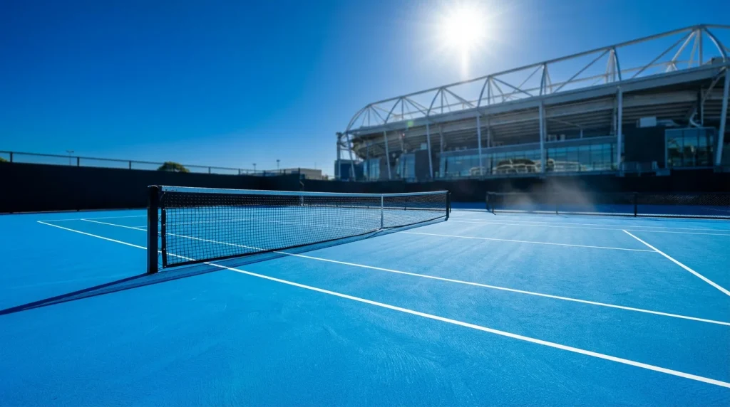 Pista dura azul del Open de Australia en Melbourne Park con el estadio Rod Laver Arena al fondo bajo un cielo soleado