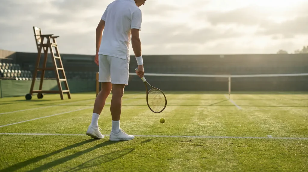 Apuestas al primer set en tenis: tenista concentrado preparándose para el primer servicio del partido