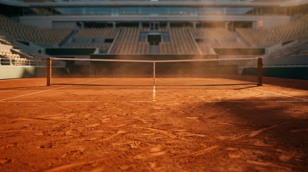 Pista de tierra batida de Roland Garros con líneas marcadas y red de tenis bajo la luz del atardecer en París