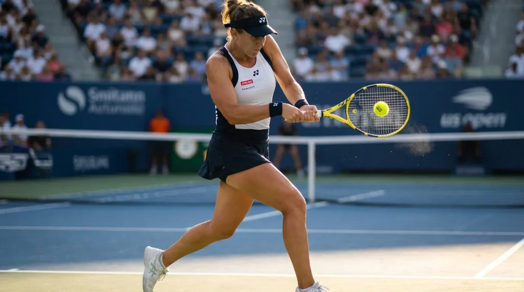 Tenista femenina profesional golpeando un revés a dos manos en una pista dura durante un torneo WTA