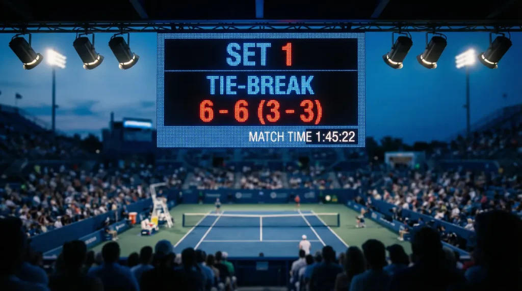 Marcador electrónico de tenis mostrando un resultado de tie-break 6-6 con la pista de fondo desenfocada