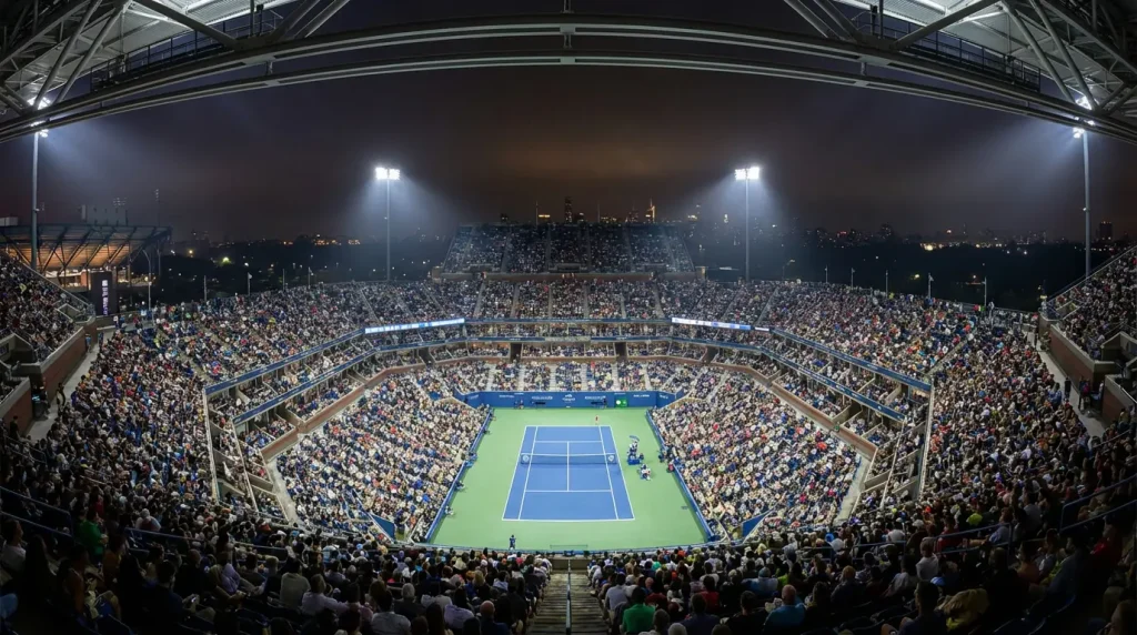 Pista dura azul del US Open en el Arthur Ashe Stadium de Flushing Meadows iluminado durante una sesión nocturna
