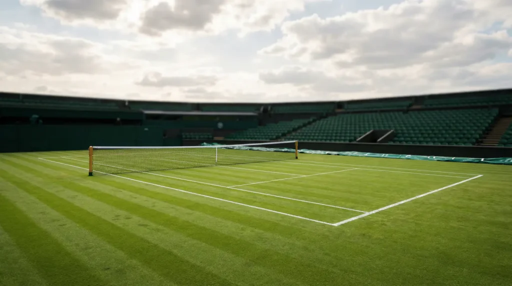 Pista de hierba de Wimbledon con las líneas blancas y la red de tenis en primer plano bajo un cielo despejado