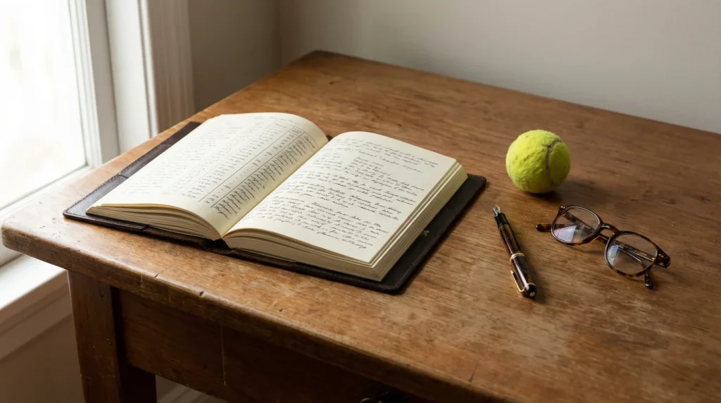 Gestión del bankroll en apuestas de tenis: cuaderno con anotaciones de apuestas junto a una raqueta de tenis