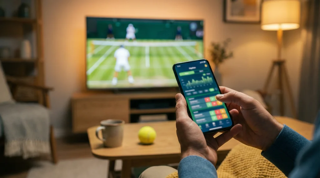 Cuotas de tenis: persona analizando cuotas de apuestas en una pantalla con un partido de tenis de fondo