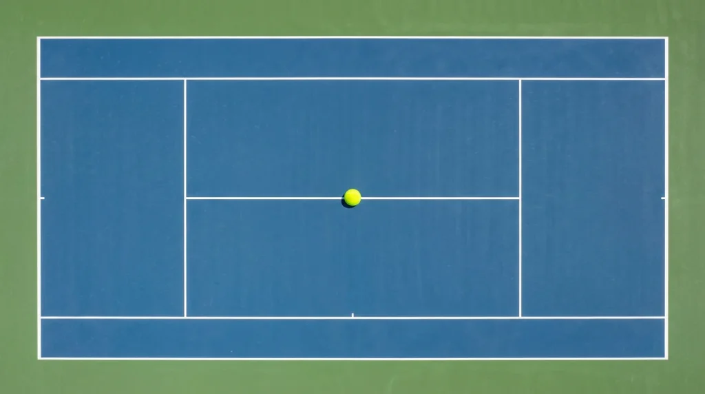 Estadísticas de tenis para apuestas: vista cenital de una pista de tenis con líneas marcadas y una pelota en el centro