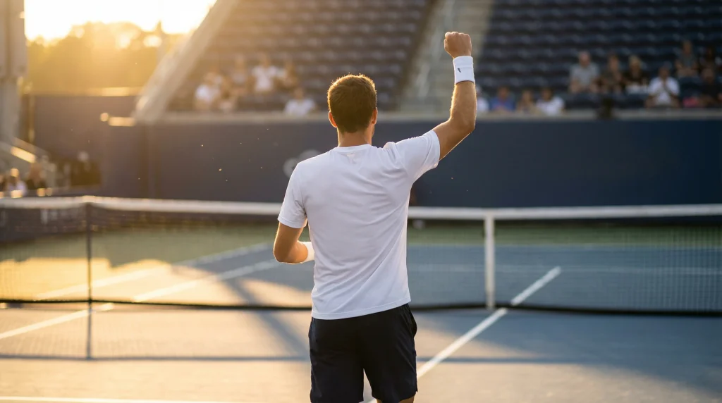 Hándicap de sets en tenis: tenista celebrando tras ganar un set en pista dura