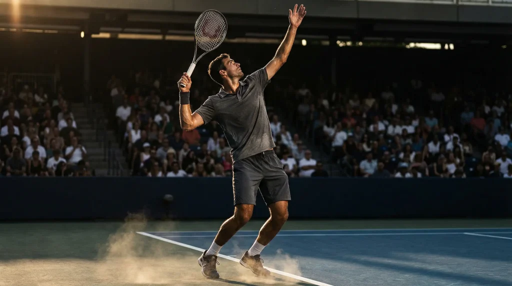 Apostar al ganador en tenis: tenista profesional en posición de saque en una pista de cemento iluminada