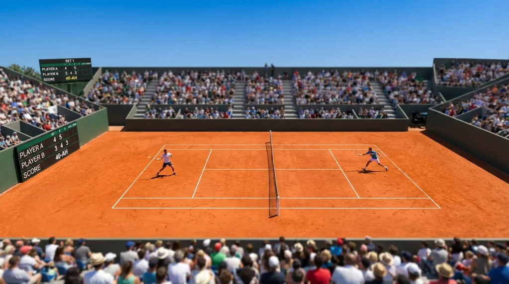 Over/under en tenis: marcador electrónico mostrando el total de juegos en un partido de tenis sobre tierra batida