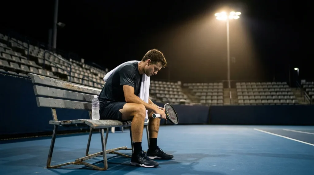 Tenista bajo presión psicológica en un partido de tenis