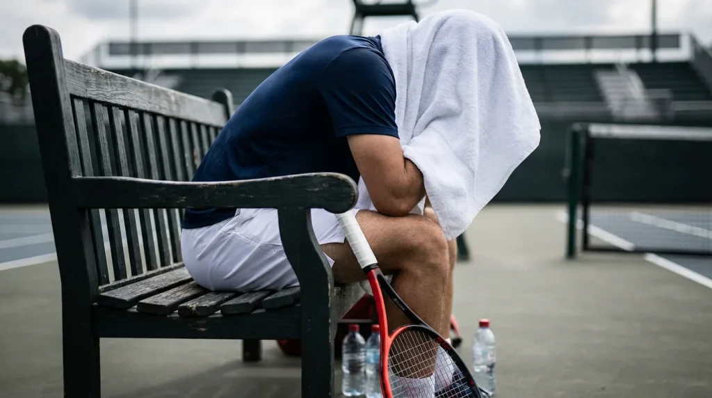 Tenista sentado en la silla de la pista con una toalla sobre la cabeza y la raqueta apoyada, señal de retiro durante un partido