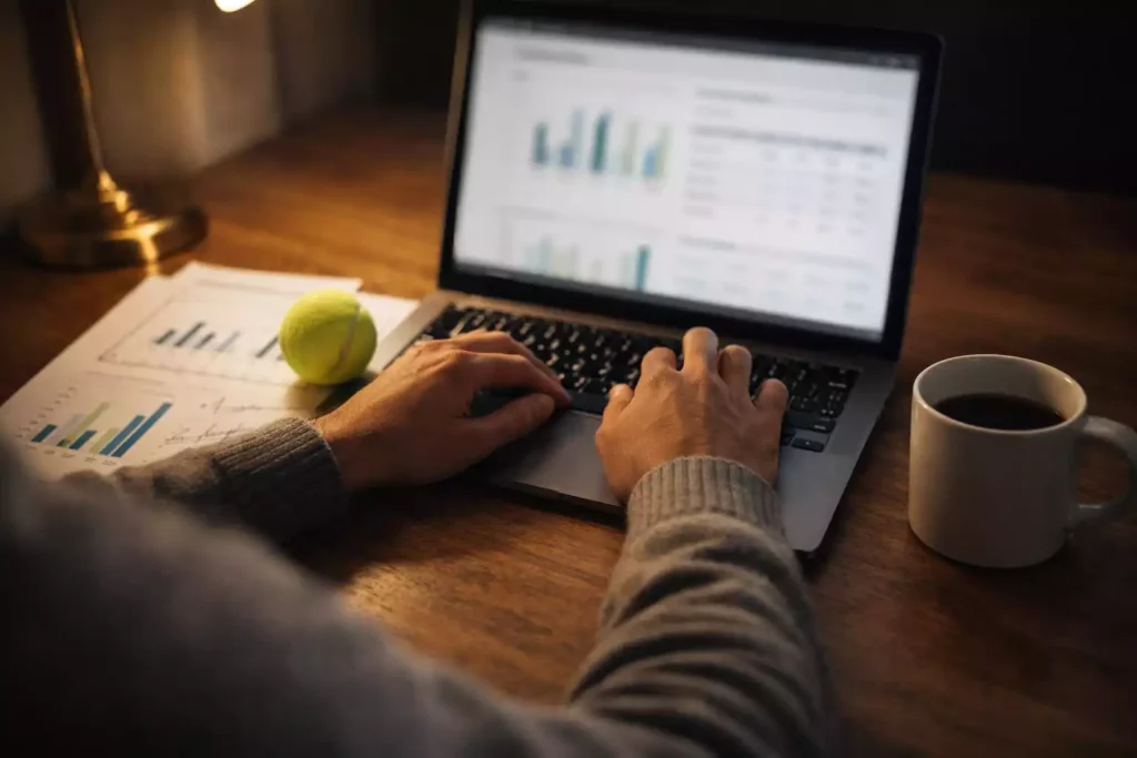 Value bets en tenis: persona estudiando estadísticas de tenis con notas y un portátil sobre una mesa